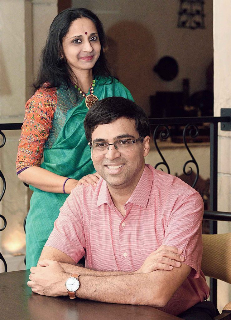 Chess wizard Viswanathan Anand during an interaction with his dancer-wife  Aruna Anand in Chennai on